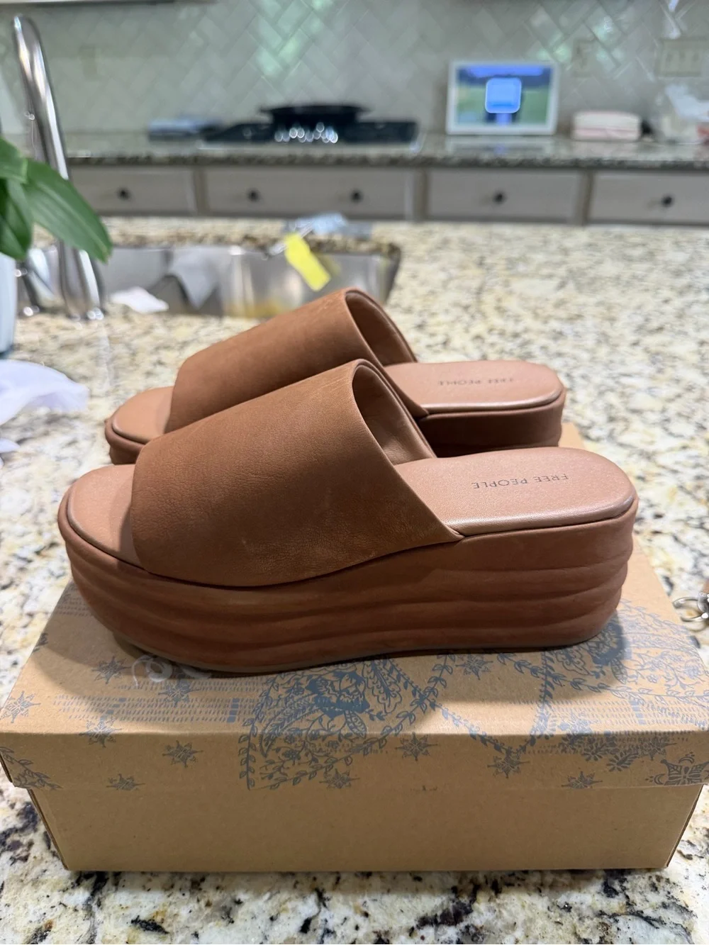 Free People Tan Suede Platform Slide Sandals